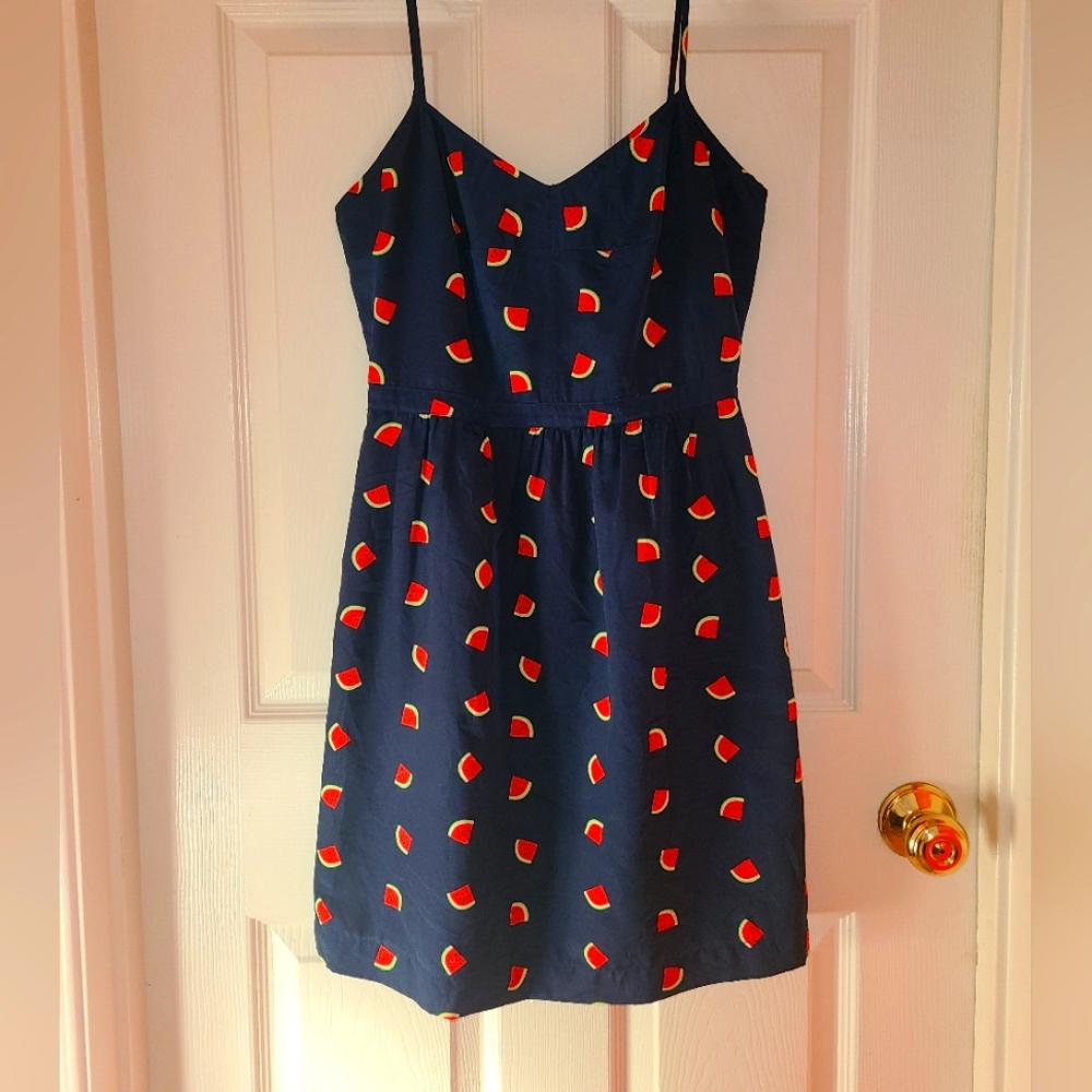 J Crew Navy Blue with Bright Red & Green Watermelon Slices Print Dress